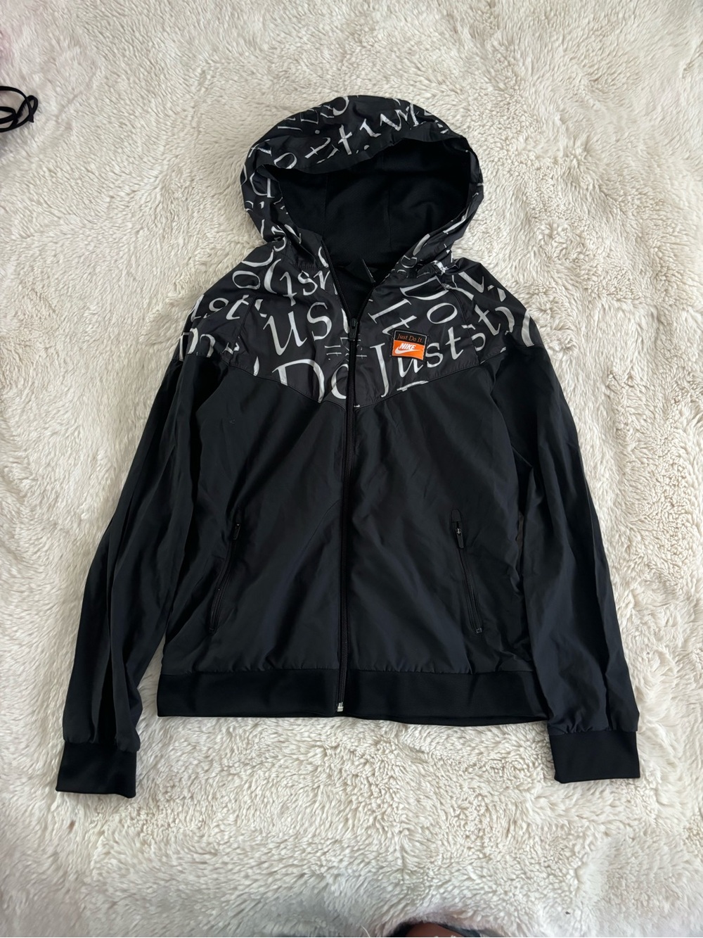 Nike Black Zip-Up Windbreaker Hoodie with Logo Script Detail